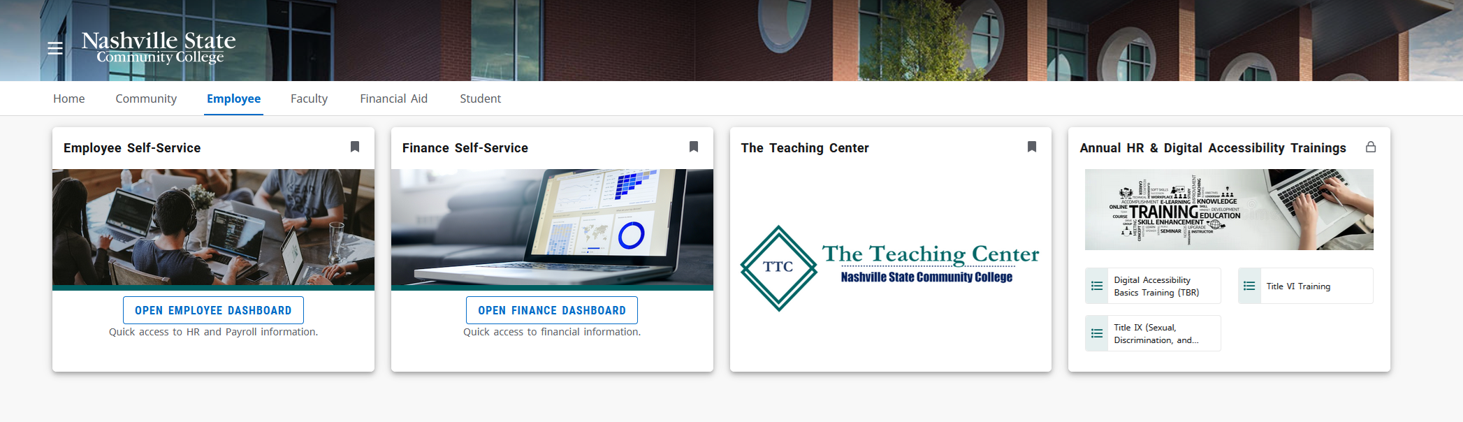 A MyNSCC dashboard page is shown with the “Employee” tab selected in the top navigation bar. Below the navigation are four large rectangular cards: Employee Self‑Service: A photo of people sitting together at a table using laptops. A button labeled “Open Employee Dashboard” appears below, with text saying it provides quick access to HR and payroll information. Finance Self‑Service: An image of a laptop displaying charts and graphs. A button labeled “Open Finance Dashboard” provides access to financial information. The Teaching Center: A white card with The Teaching Center’s logo and the text “Nashville State Community College.” Annual HR & Digital Accessibility Trainings: A collage-style image of training‑related graphics, including a person typing on a keyboard. Below the image are buttons linking to “Digital Accessibility Basics Training (TBR),” “Title VI Training,” and “Title IX (Sexual Discrimination, and more).” At the top right of the page is a “View All Cards” link.