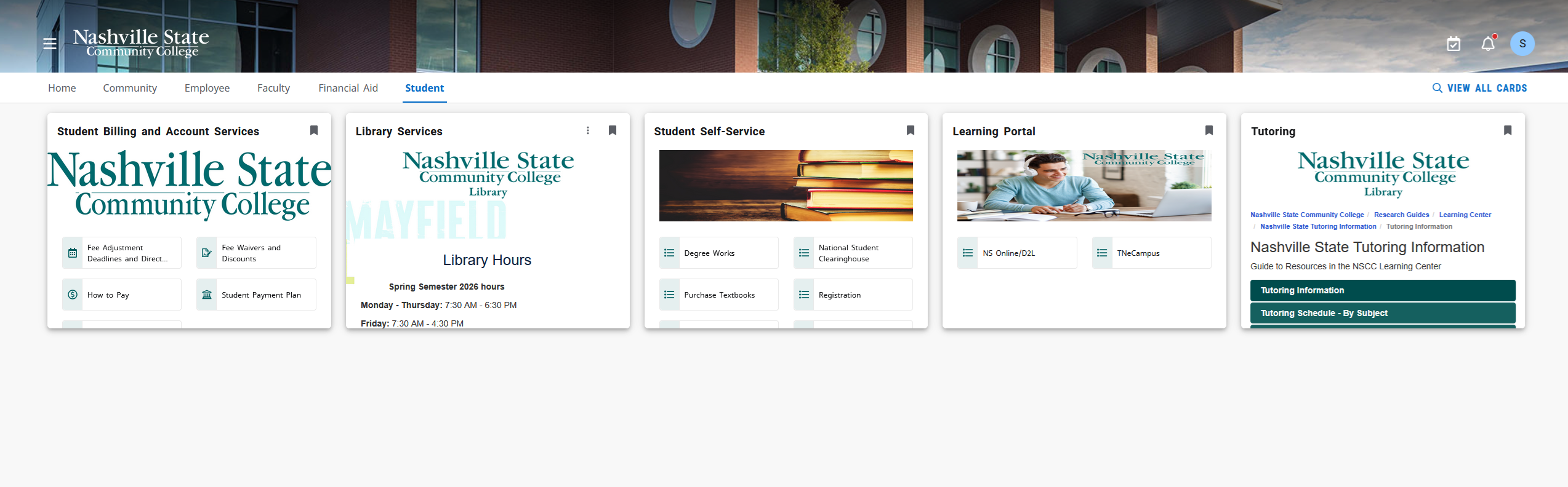 The MyNSCC student dashboard is displayed. Across the top is a navigation bar with menu categories: Home, Community, Employee, Faculty, Financial Aid, and Student. Below the bar is a row of rectangular cards showing different student resources. The cards include: Student Billing and Account Services with links for fee adjustments, fee waivers, how to pay, and the payment plan. Library Services showing Nashville State Community College Library hours and contact information. Student Self‑Service with links for degree works, student dashboard, purchase textbooks, and registration. Learning Portal with images and links for NS Online/D2L and TN eCampus. Tutoring with Nashville State tutoring information, including links for tutoring details and tutoring schedules by subject. At the top right is a “View All Cards” option.