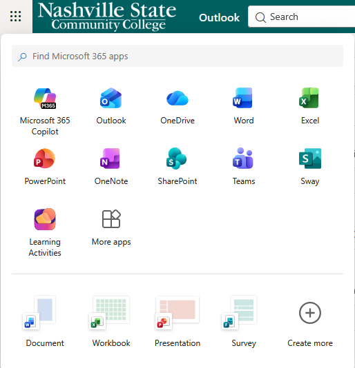 A Microsoft 365 home screen for Nashville State Community College is shown. The top bar includes the college logo and a search box. Below it is a grid of colorful app icons, including Microsoft 365 Copilot, Outlook, OneDrive, Word, Excel, PowerPoint, OneNote, SharePoint, Teams, Sway, Learning Activities, and a “More apps” icon. At the bottom are options to create a new Document, Workbook, Presentation, or Survey, along with a “Create more” button.